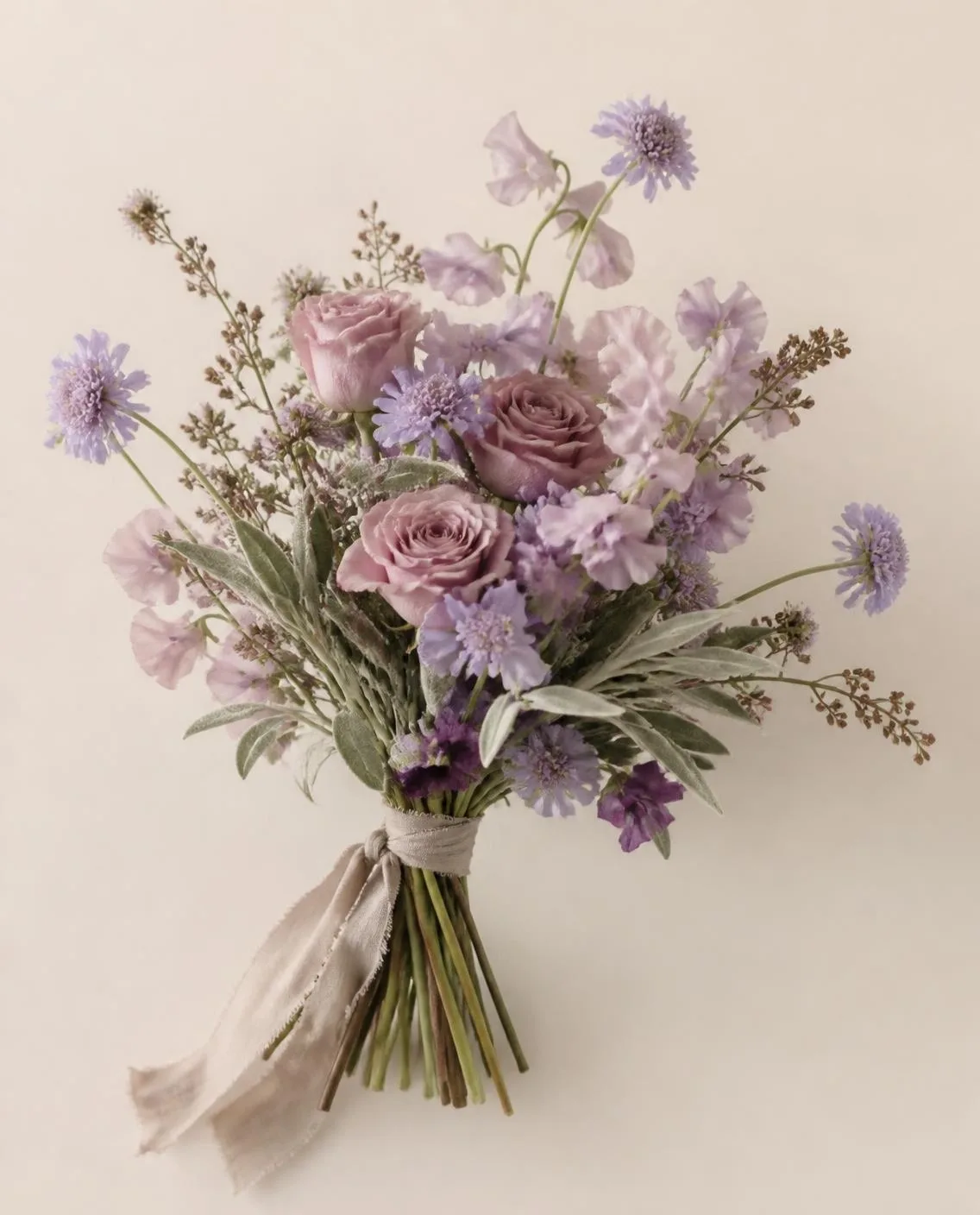 Bouquet de roses mauves, pois de senteur lavande, scabieuses et sauge argentée