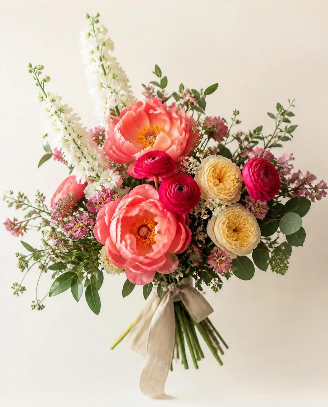 Bouquet généreux de pivoines corail, renoncules fuchsia, roses jaune pâle et delphinium blanc