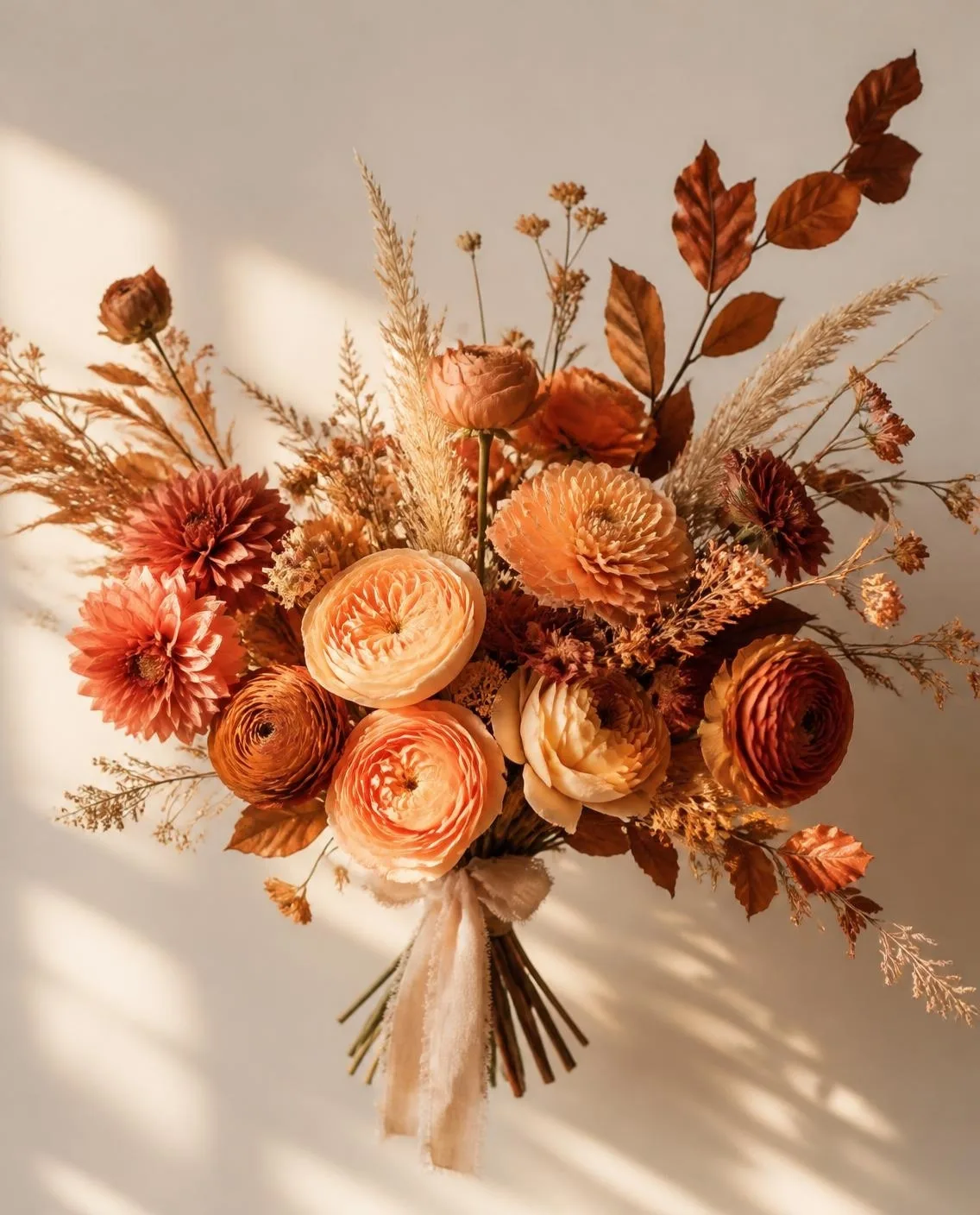 Bouquet de dahlias terracotta, roses abricot, renoncules orange et graminées dorées dans une lumière de fin de journée